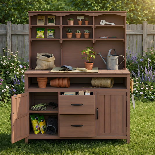 With Assembly Video TOPMAx Large Fir Wood Potting Bench  45.3 L Multi- Functional Outdoor Patio Kitchen Island With Hutch  Cabinets  Drawers & Hooks   Large Countertop For Gardening  Grill  Brown