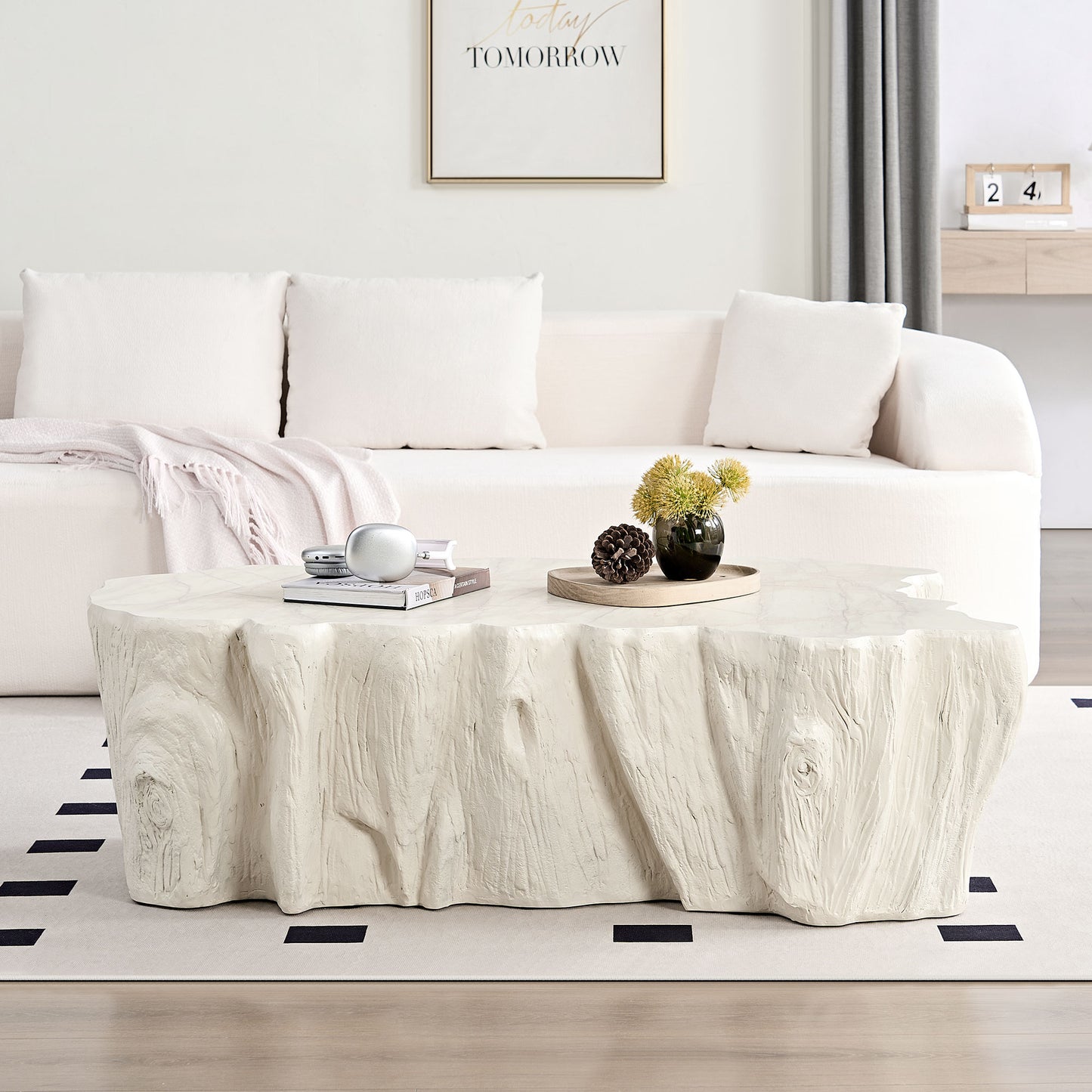 48.62 Inch Unique Shape Coffee Table Sturdy Fiberglass Tea Table For Living Room No Need Assembly Beige