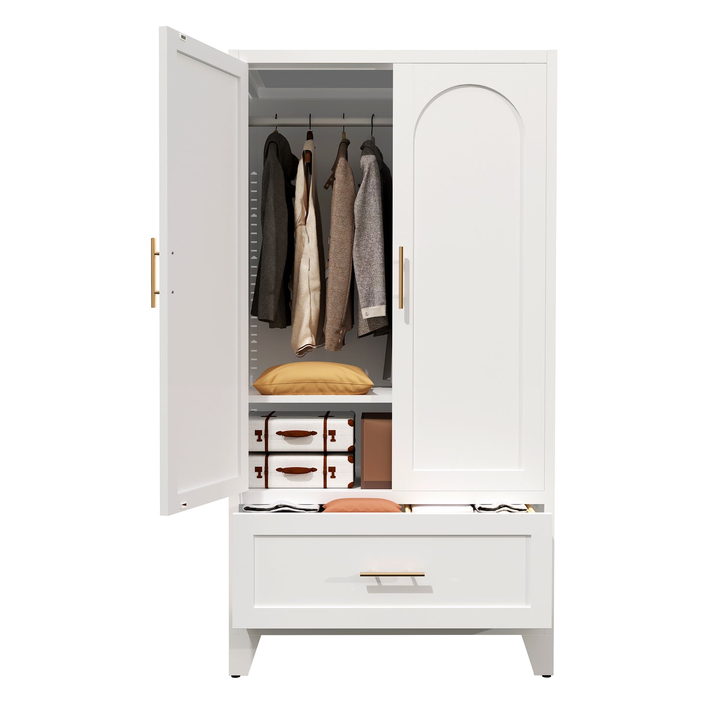 60inch Tall Metal Wardrobe Cabinet With 1 Drawer And Hanging Rod, 2 Doors Wardrobe Closet With Shelf For Bedroom, Office, Laundry Room,Entryway ,Foyer,Guesthouse White