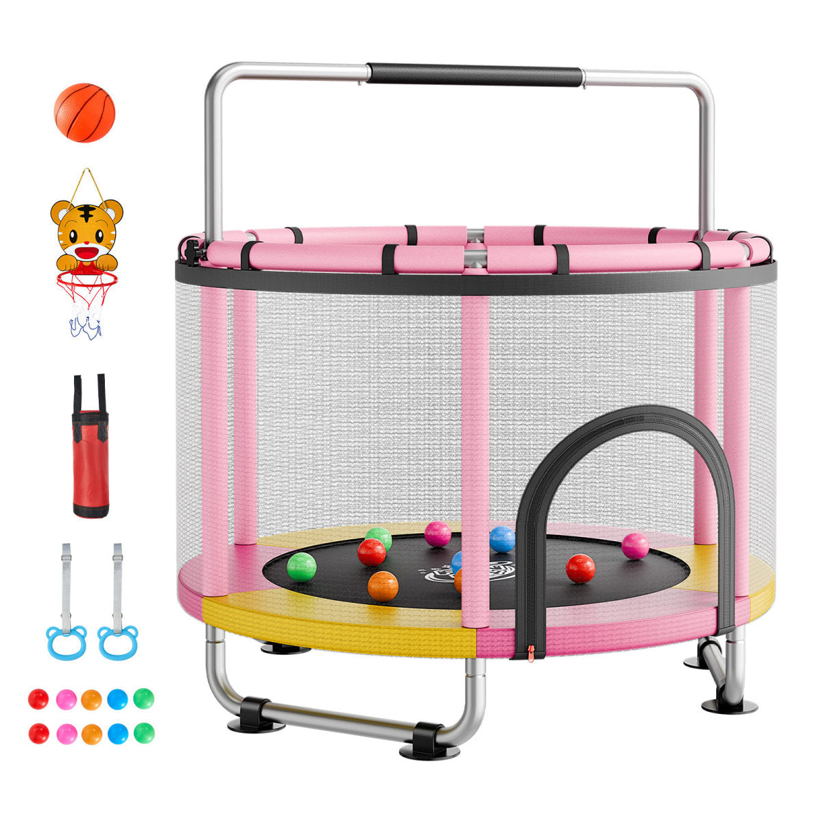 60" Trampoline For Kids, 5 FT Toddler Mini Trampoline, 132 Lbs Indoor Outdoor Play Toys With Enclosure Net And Adjustable Gymnastics Bar, Christmas Toys Birthday Gifts For Girls Boys