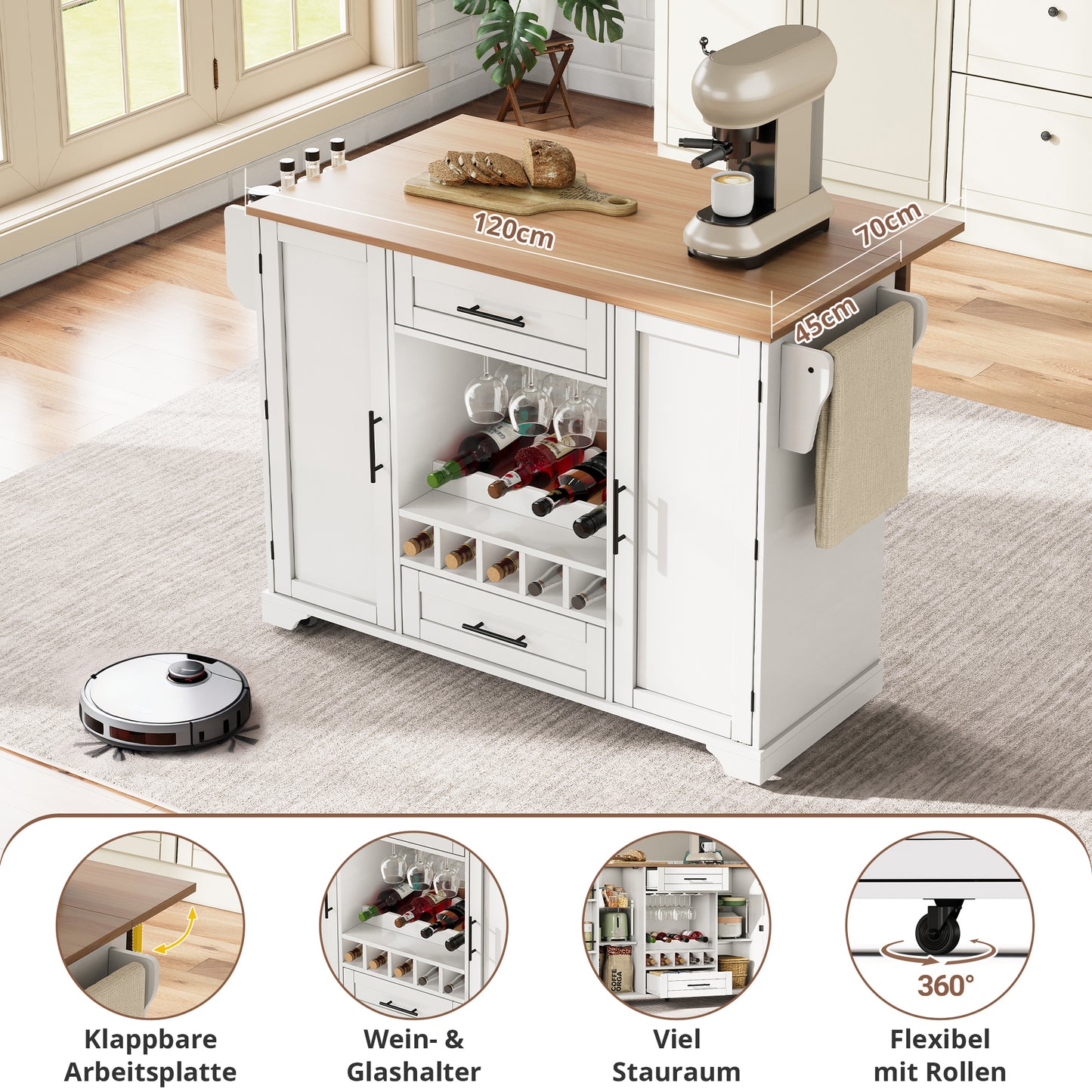 Kitchen Trolley With Folding Worktop, Kitchen Island On Wheels With Wine Rack, Glass Holder, Spice Rack & Towel Rack, 120x45 70x92cm, White   Multifunctional Serving Trolley With Storage