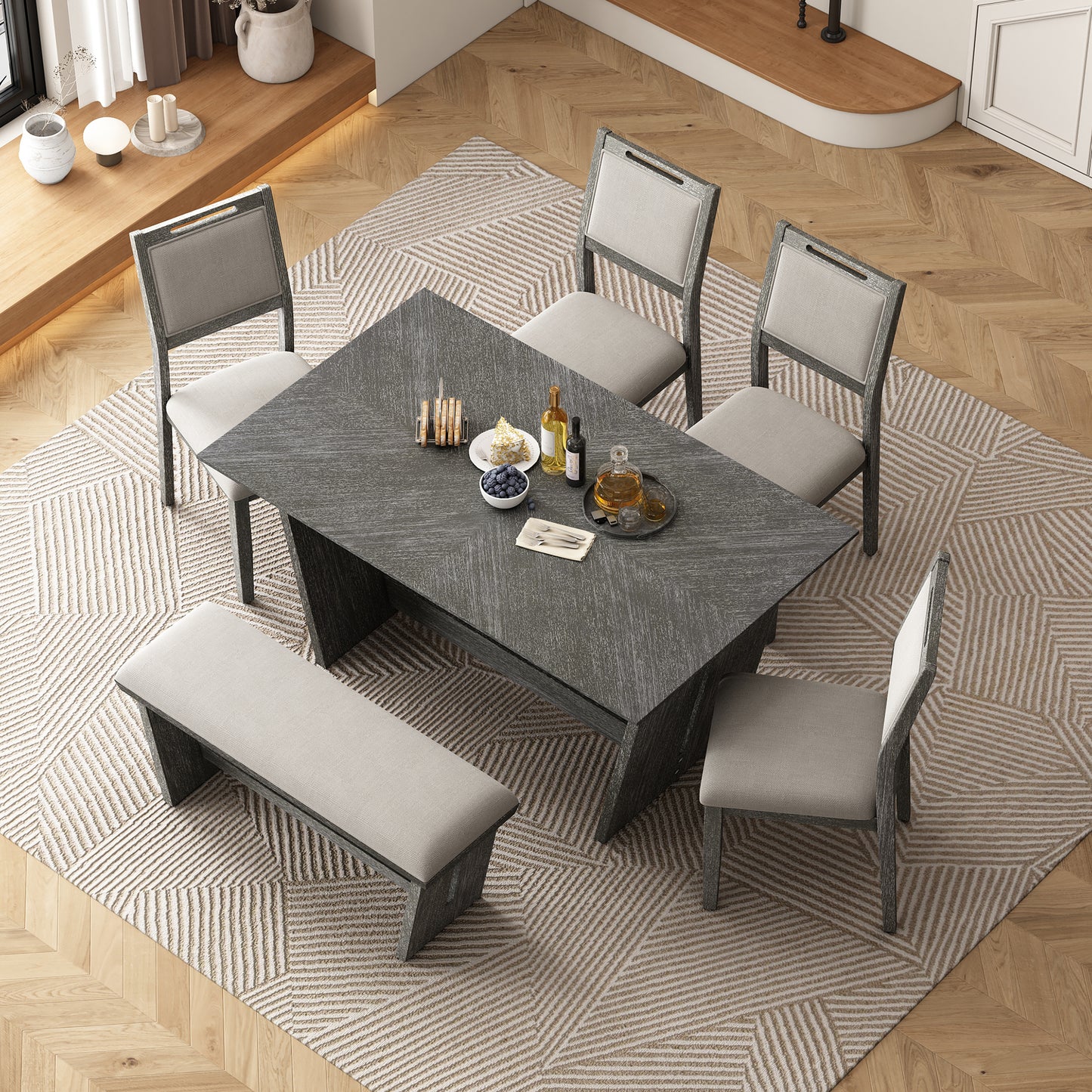 TREXM 6-Piece Retro Dining Table Set For 6  60 Wood Kitchen Table And Chairs Set Of 4 With Bench Designed Trestle Base For Kitchen & Dining Room  Gray