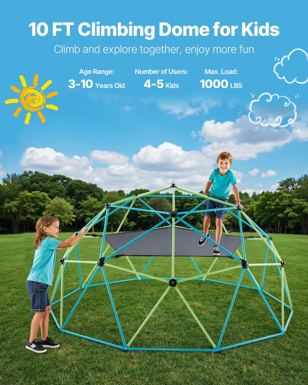 Climbing Dome, 10FT Geometric Dome Climber With Swing & Hammock, 1000LBS Loading Kid's Jungle Gym Playground, Easy-Assembly Outdoor Backyard Climbing Equipment For Boys Girls 3 To 10 Years Old