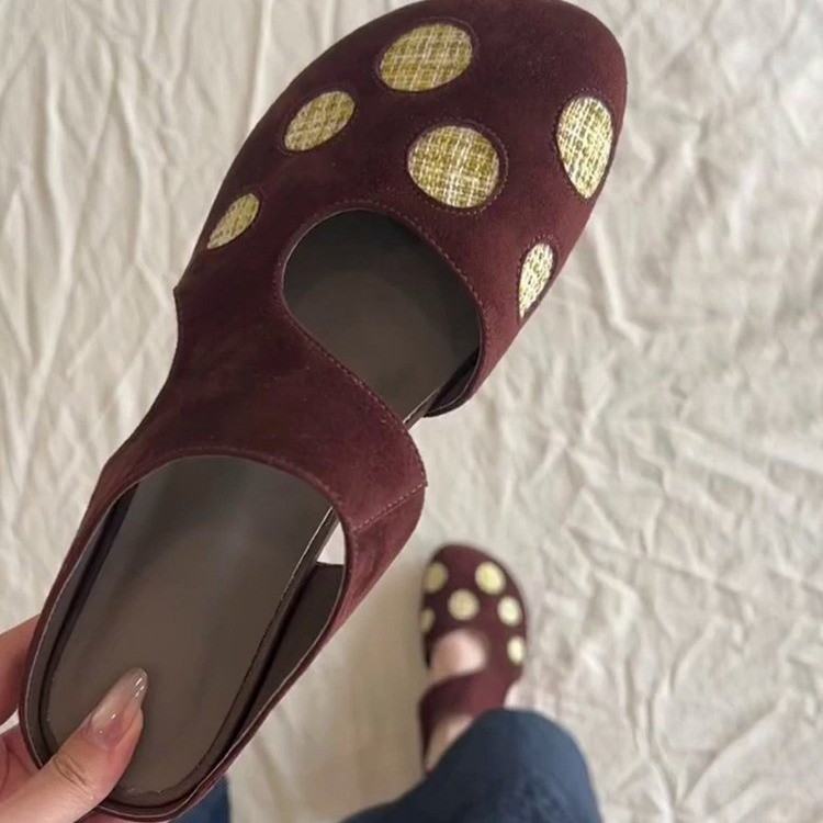 Cute Retro Polka Dot Hollow Closed Toe Mules For Women, Slip-on Lazy Flat Casual Slide Sandals For Outdoor Wear