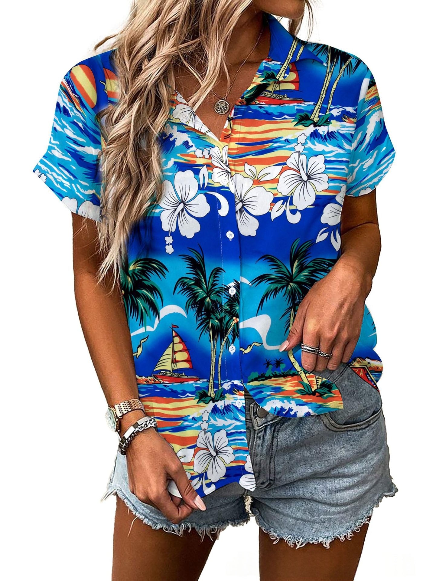 Womens Fashion Plus-Size Floral Loose-Fitting Shirt