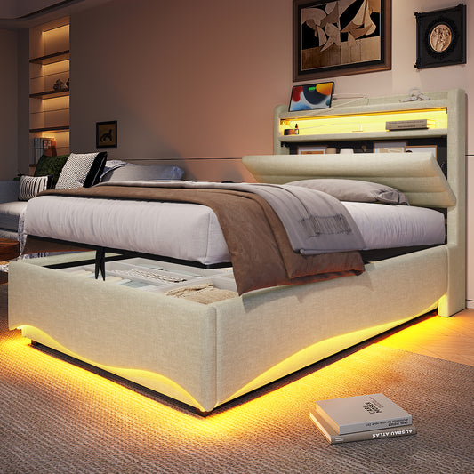 Upholstered Bed, 90 X 200 Cm, Without Mattress, With LED Lighting, With Hydraulic Mechanism, With USB And Type-C Ports, Storage Compartment, Shelves For Objects, Linen Fabric, Beige