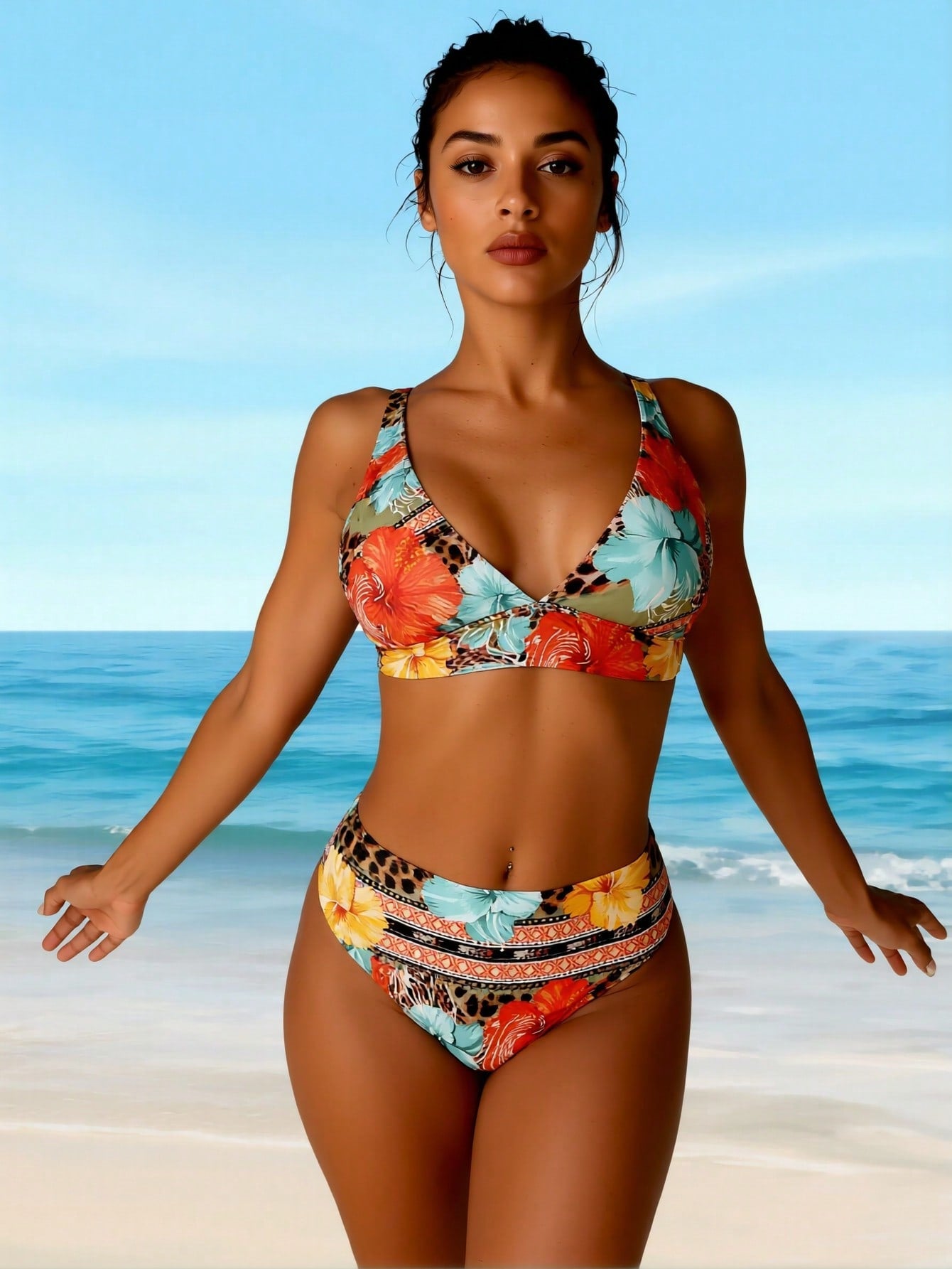 2026 New Hawaiian Floral & Animal Print Swimwear, Mid Waist Tummy Control Two-Piece Swimsuit