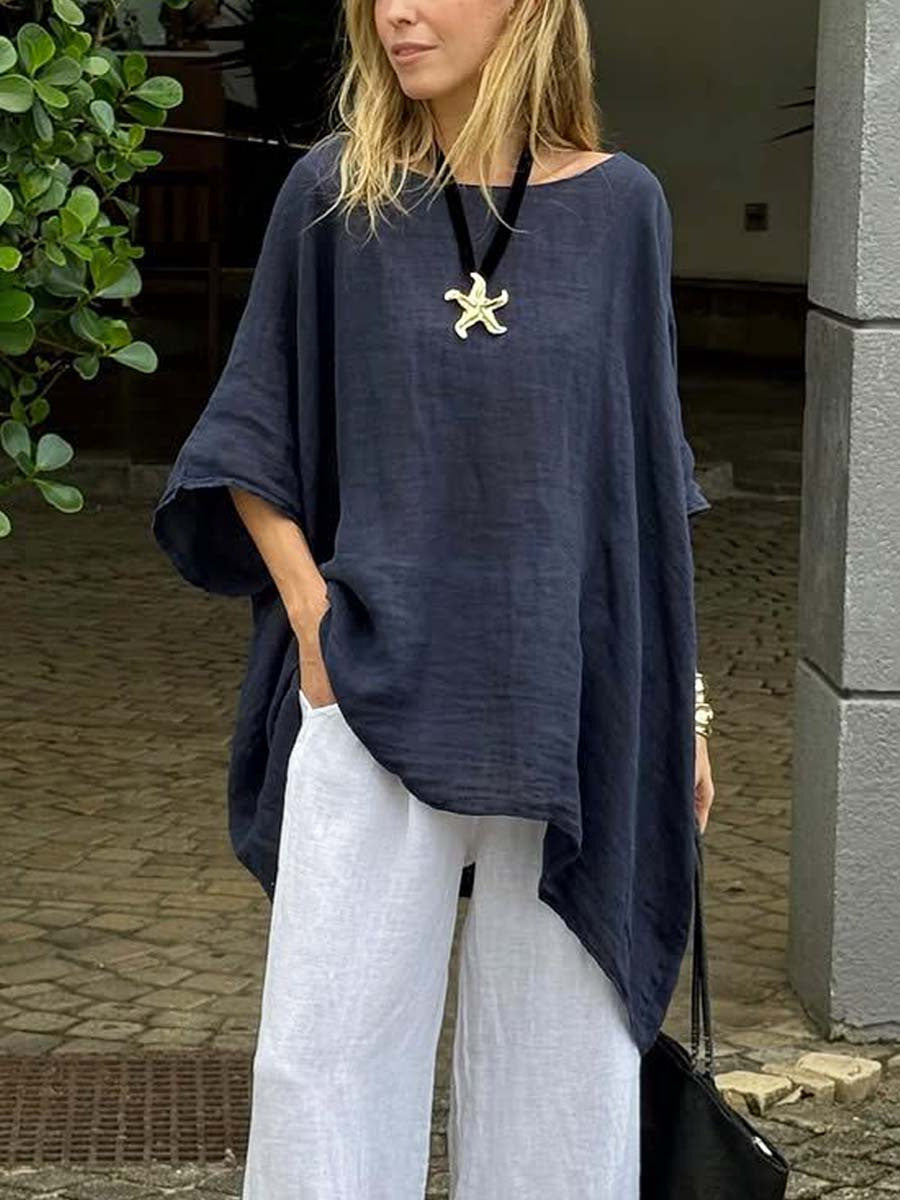 Womens Irregular Fashion Solid-Color Round-Neck Casual Top