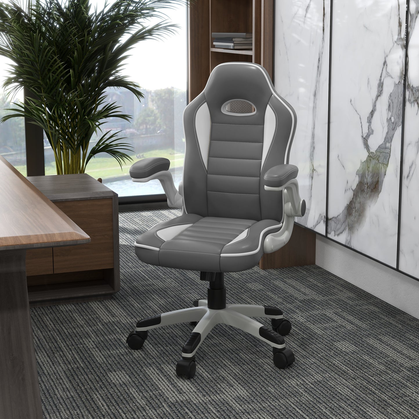 Vinsetto Computer Gaming Chair, Office Desk Swivel Chair, PU Leather Racing Chair With 90° Flip-up Armrest, Adjustable Height And Rolling Wheels, Grey