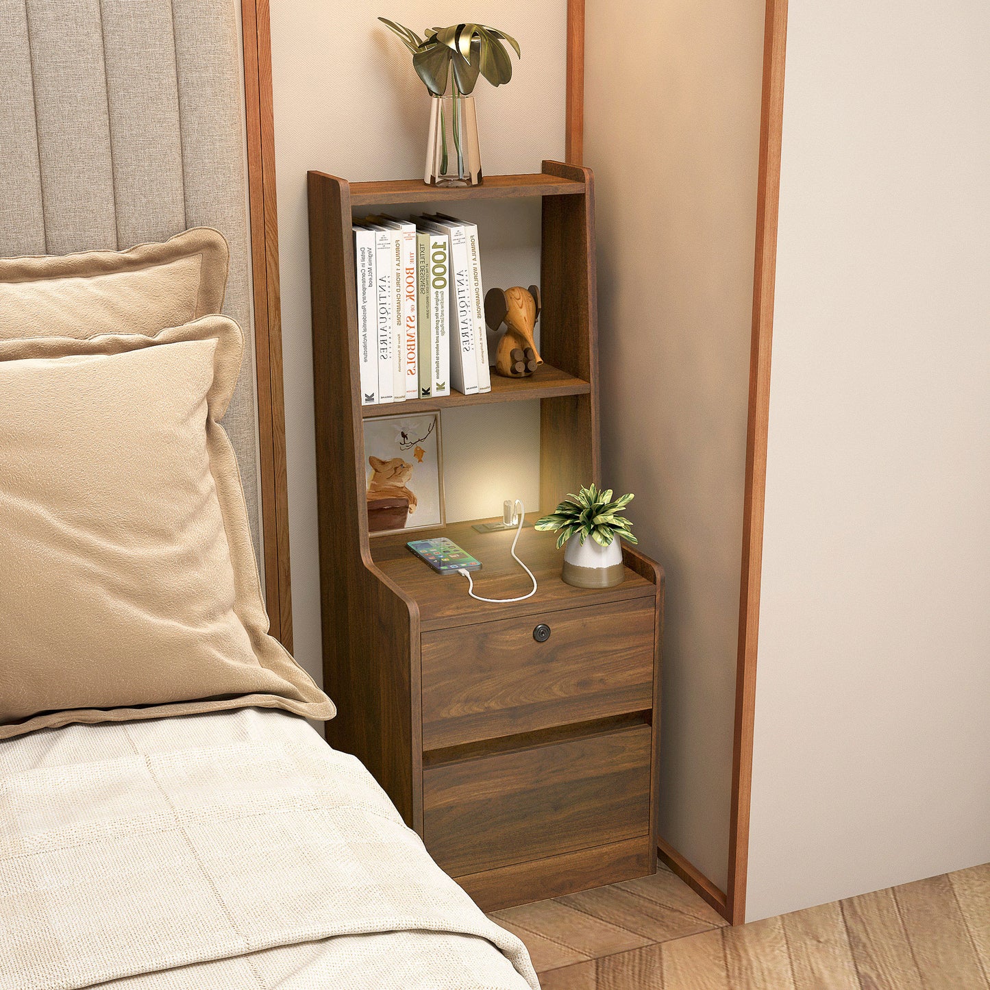 Nightstand With Charging Station, Smart Nightstand With Night Light, Modern Night Stand With Bookshelf, Bedside Tables With Storage Cabinet For Bedroom, Wood