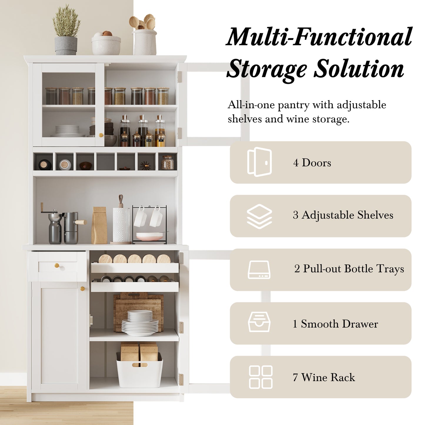 TOPMAx Farmhouse 35.4x17.7x74.8inch Freestanding Buffet With Hutch  Tall Kitchen Pantry Storage Cabinet With Wine Rack And Adjustable Shelves For Dining Room  White