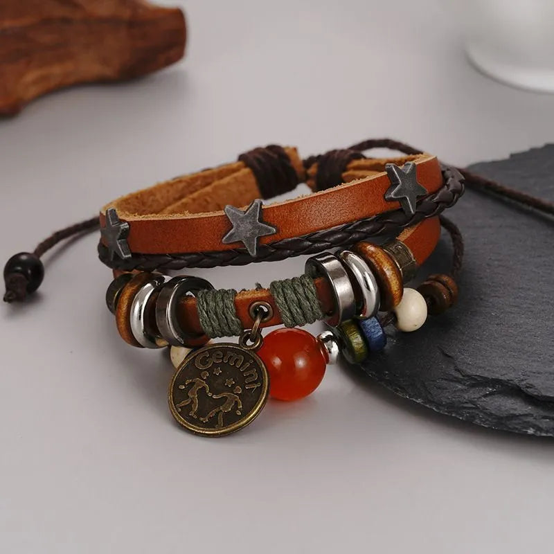 1pcs Multi-Layer Braided Leather Wooden Bead Star Zodiac Charm Adjustable Bracelet, Retro Boho Ethnic Style, For Men Women Daily Campus Travel & Constellation Holiday Gifts