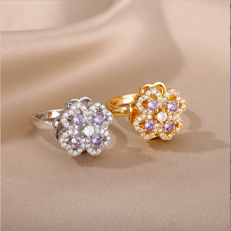 Rotate Rings For Women,Zircon Stainless Steel Open Adjustable Ring  Gift Jewelry