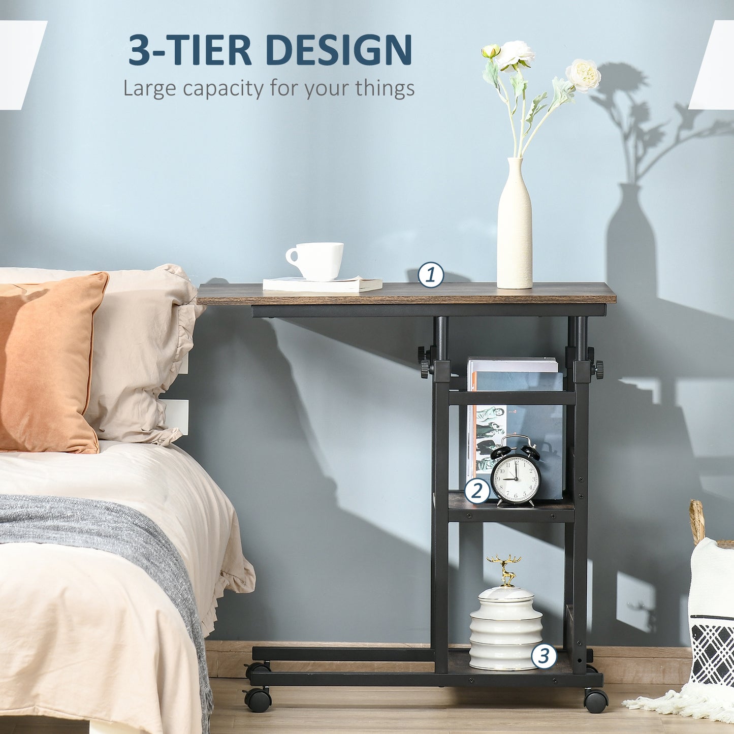 C-Shaped Side Table Industrial Mobile Rolling End Desk With 3-Tier Storage Shelving, Adjustable Height, Wheels
