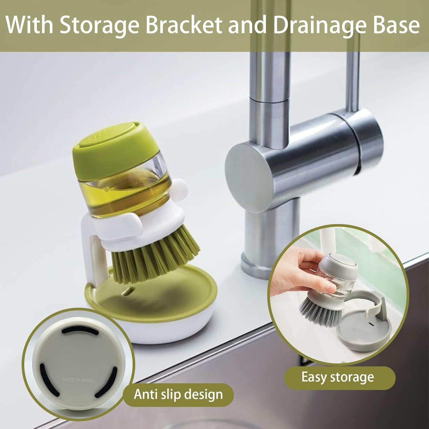 Soap Dispenser Dish Brush Palm Brush Scrub Brush Equipped With Storage Bracket And Drainage Base,Easy To Clean Kitchen Utensils And Sink,  For Cleaning Pan, Pot, Sink