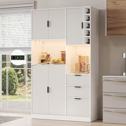 Kitchen Cabinet, Modern Tall Storage And Wine Cabinet With Adjustable Shelves, 3 Drawers, Wine Rack, Color-changing LED Lighting And Power Sockets, Dimensions 180 X 105 X 40 Cm.