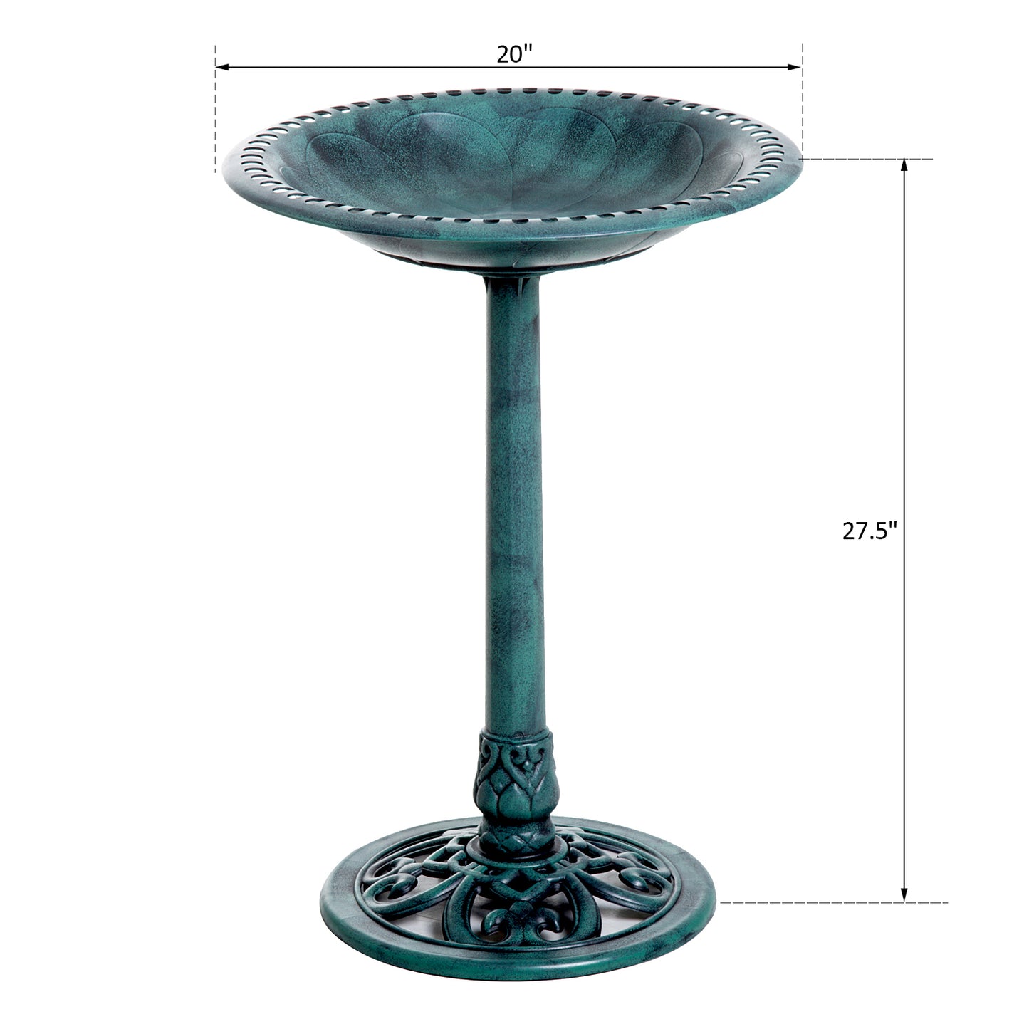 28'' Bird Bath Outdoor Resin Decor With Fleur De Lis Pattern, Time-Worn Finish