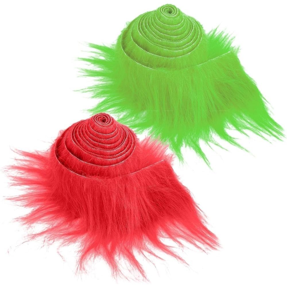 2 X Christmas Ribbon, Shaggy Faux Fur, 5.1 X 152.4 Cm, Green And Red, Fluffy, Fluffy, For Elves, Beards, Santa Claus, Hair, Elves, DIY, Crafts, Christmas Decorations