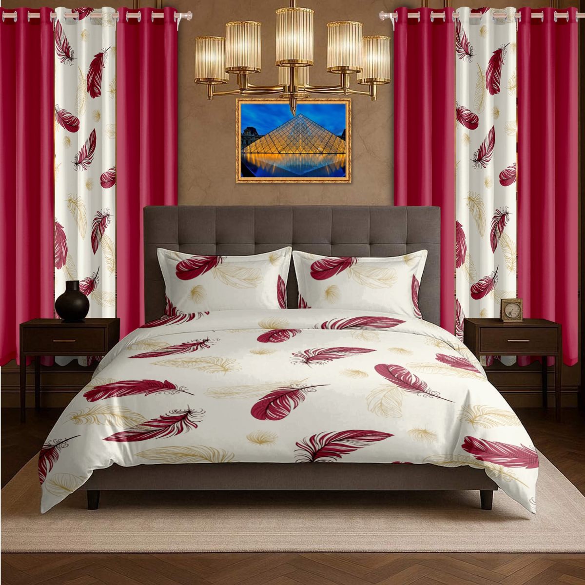9 Piece Room In A Bag Quilt And Curtain Set, US Designer Burgundy Gold Boho Feather Print Heavyweight Bedspread With 6 Customizable Window Panels, Pet-Friendly High GSM Coverlet