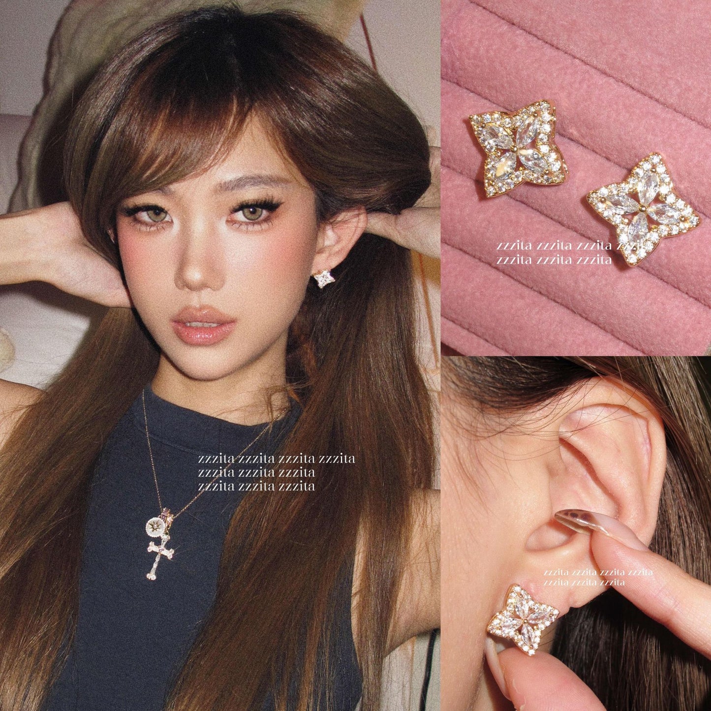 Light Luxury Elegant Hollow Four-Leaf Zircon Gold Stud Earrings, New Premium High-End Ear Jewelry For Women