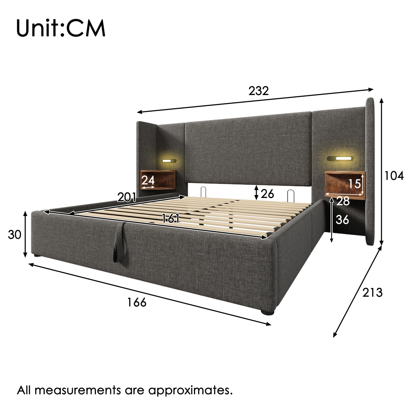 Upholstered Bed Double Bed 160x200 With Bedside Table, Reading Lamp And USB Type-C Charging Function, Bed System Storage Bed Frame With Slatted Frame Made Of Solid Wood And Metal, Grey, Linen Without
