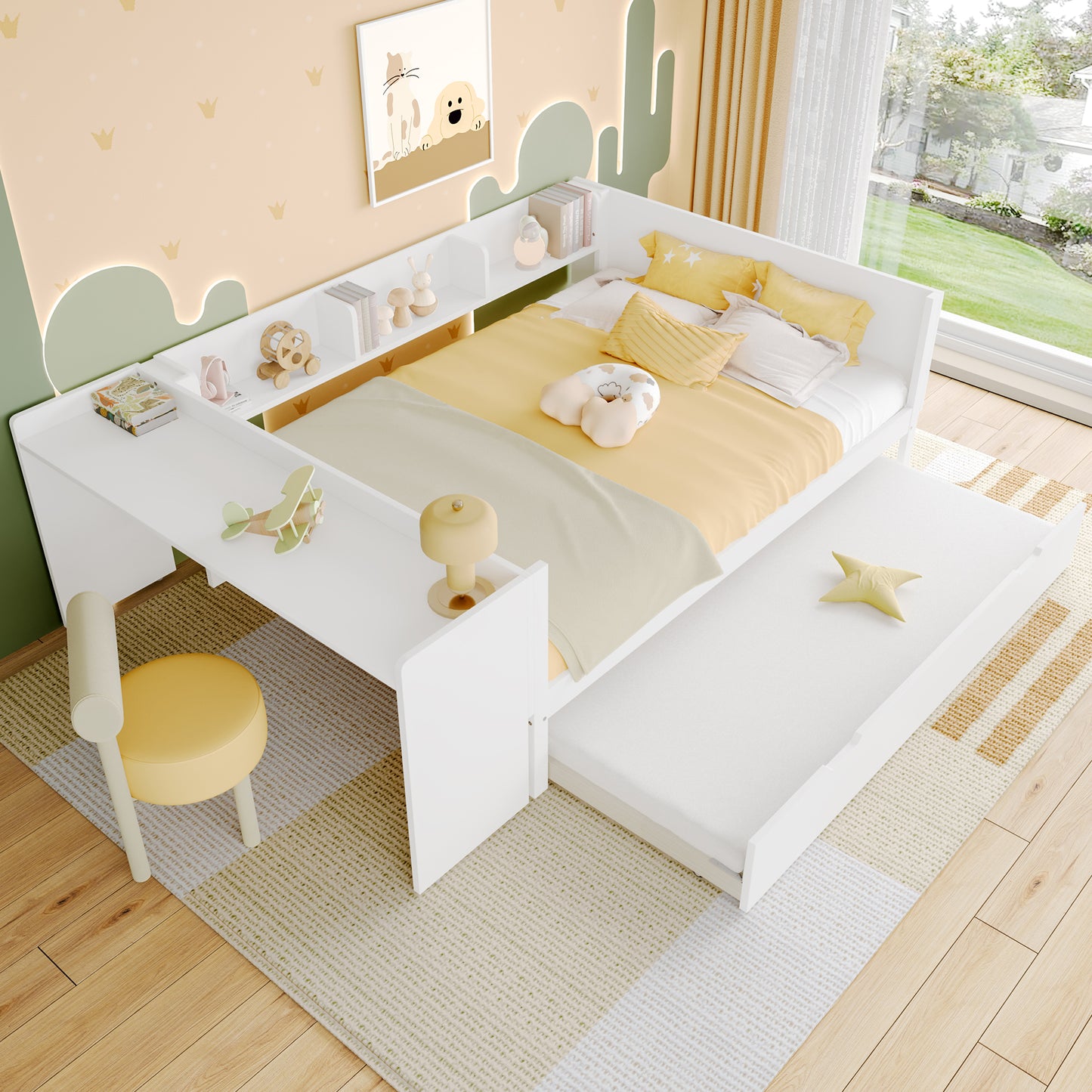 Flat Bed, Wooden Bed, 140x200cm, With Desk, With Rollaway Bed, Double Bed  Without Mattress , With Shelves, Pine Chipboard, White