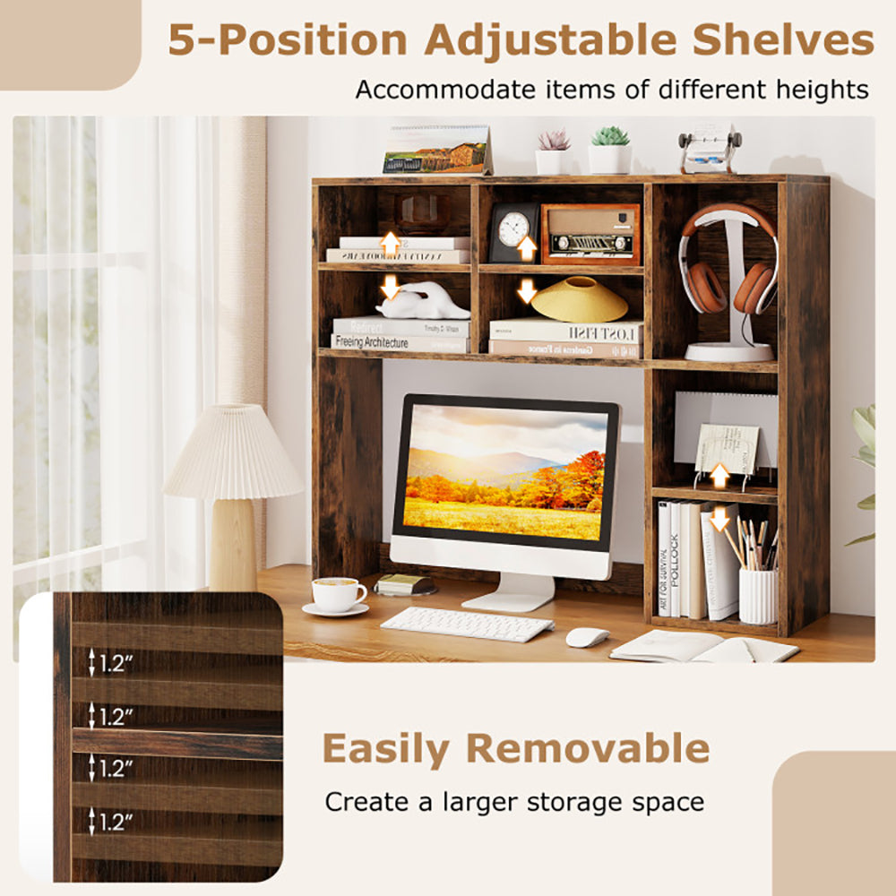 Desktop Bookshelf With 7 Open Cubbies And 3 Adjustable Shelves 2 Anti-toppling Kits For Computer Desk, Writing Desk, Vanity Table, Coffee Bar