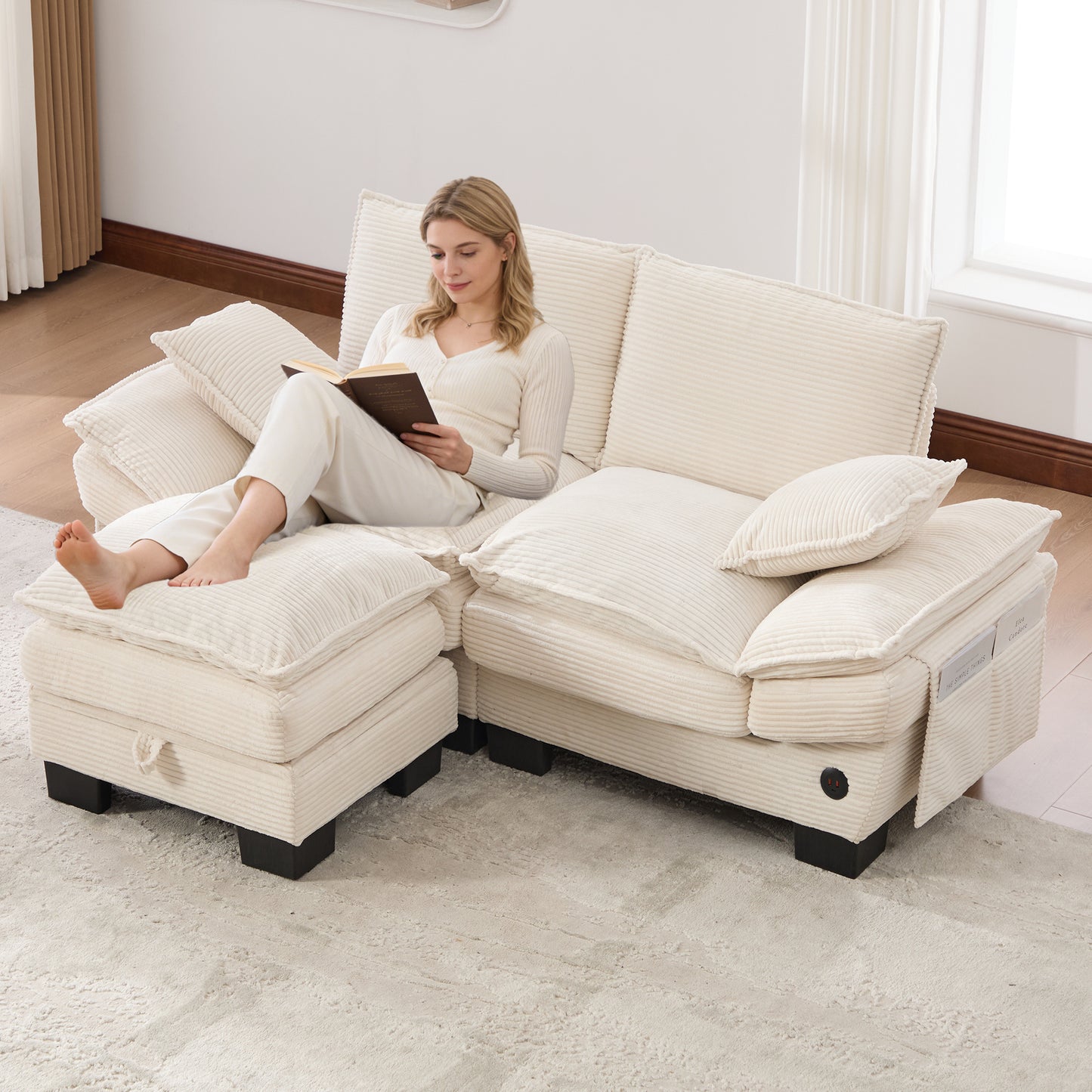 Modular 2-seater Corduroy Sofa  With Stool Wide Seat, Ergonomic Design, High-density Foam Padding, USB-C Port And Side Pockets. Ideal For Living Room, Office Or Lounge.Beige