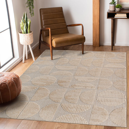 Step Collection High-Low Beige Indoor Area Rug, 6'7''x9', Modern, Contemporary, Geometric, Bohemian, Bedroom, Kitchen, Living Room, Non Shedding Carpet