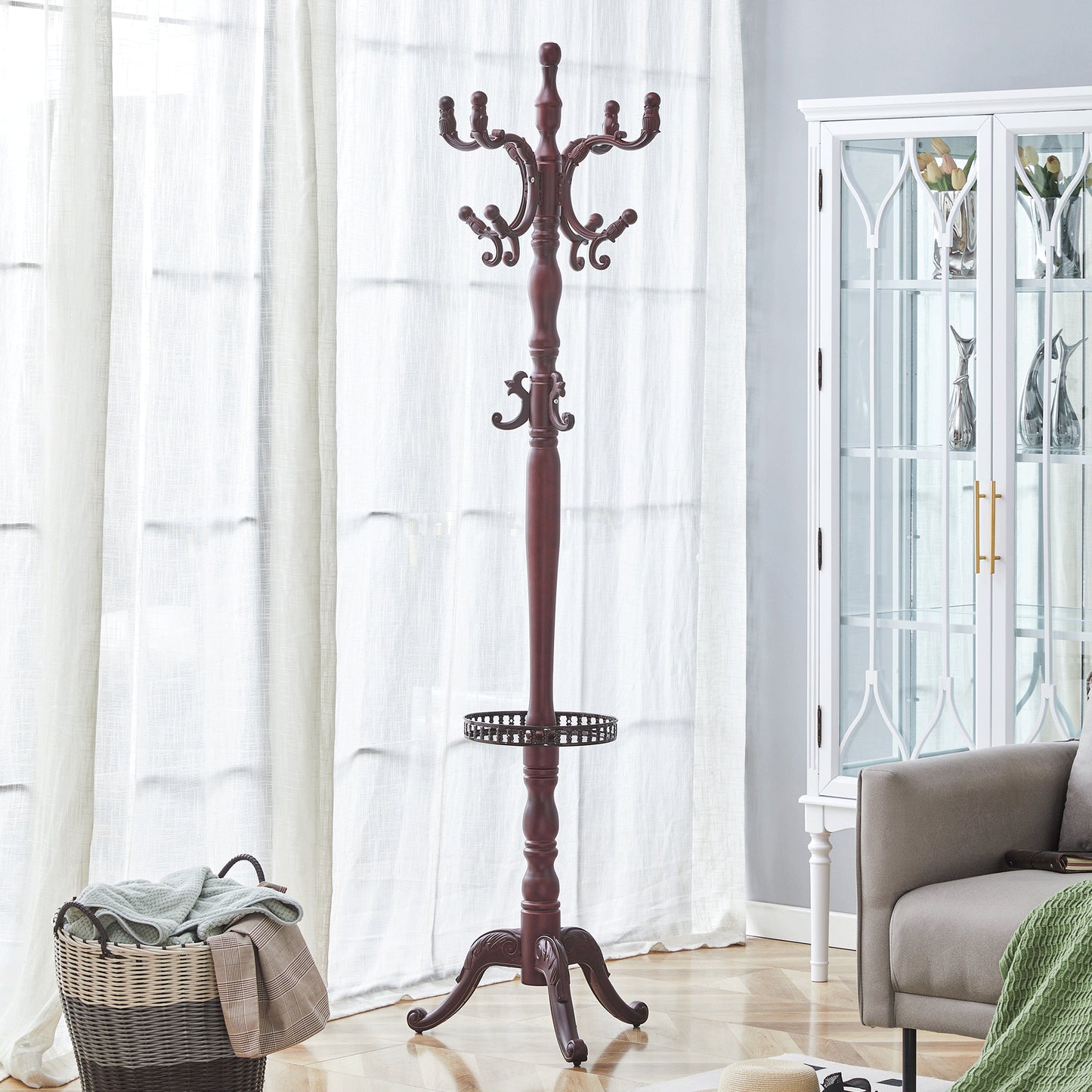 Add Elegance To Your Home Versatile European Clothes Rack In Walnut-coloured Solid Wood - Multi-equipped, Stable, Easy To Assemble And With Non-slip Feet.