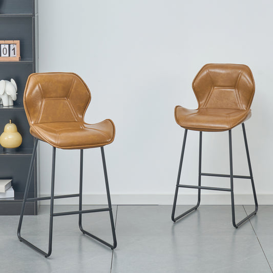 Set Of 2 Bar Stools Made Of Imitation Leather, Modern Bar Stools With Backrest, Metal Frame And Footrest, For Kitchen, Counter, Home Bar And Dining Area, Cognac Brown