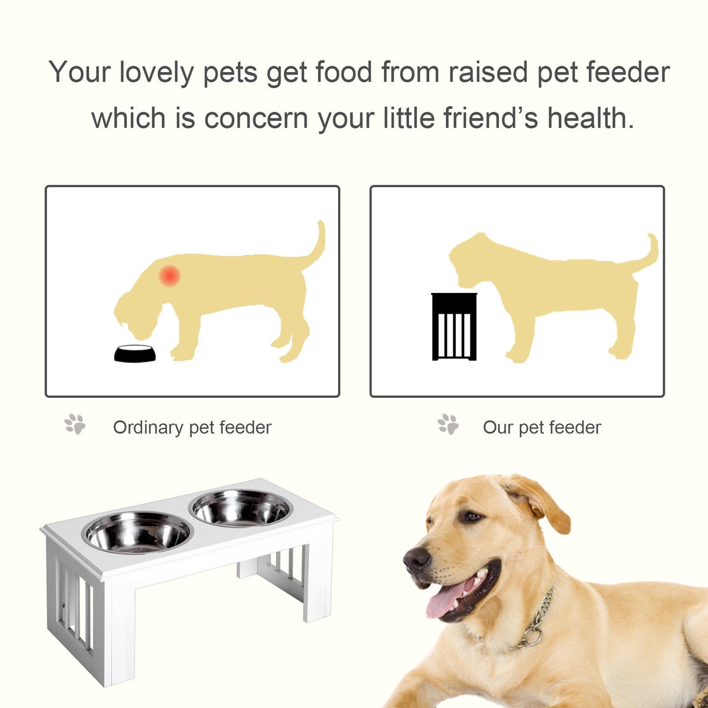 PawHut Raised Dog Feeding Bowls With Stand, Stainless Steel For Medium Dog, 58L X 31W X 25H Cm - White