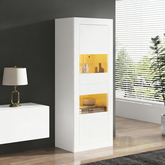 White Display Cabinet With LED Lighting, 1 Glass Shelf, Display Cabinet, Freestanding Display Cabinet, Tall Cabinet, Storage Cabinet.