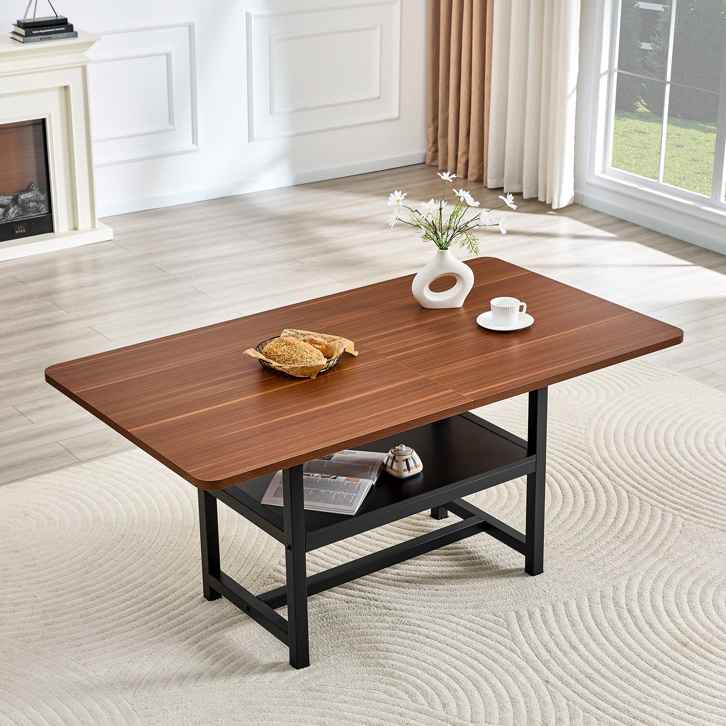 Rectangular Dining Table In Industrial Design In Walnut Colour, 160x90x76 Cm, For 4-6 People, With Multifunctional Storage Shelf And Black Metal Legs. Suitable For Living Room, Kitchen And Dining Area