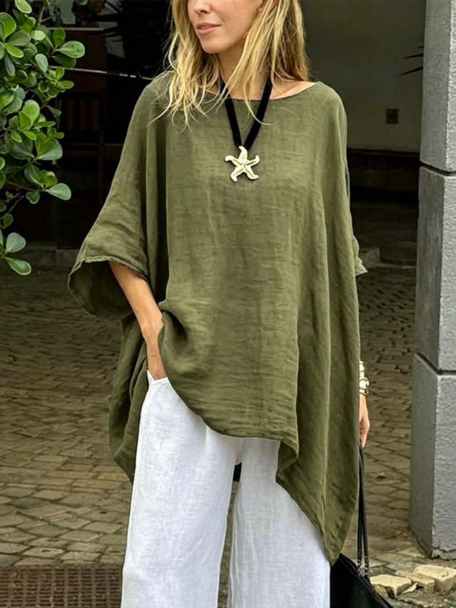 Womens Irregular Fashion Solid-Color Round-Neck Casual Top