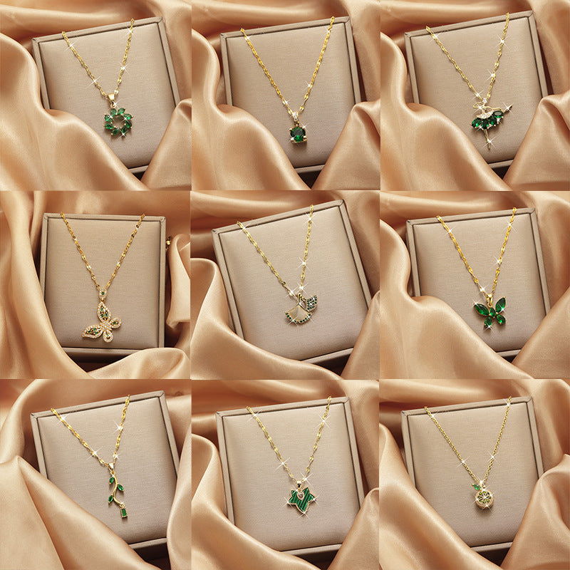 Green Glass Stainless Steel Necklace, Versatile And High-End Women's Accessory, Stylish And Simple Clavicle Chain Jewelry