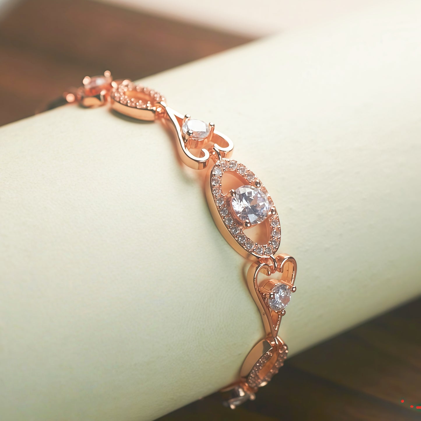 Rose Gold Heart & Oval Halo CZ Link Bracelet For Women, Copper Plated Silver Butterfly Decor Adjustable Extension Chain Dainty Wedding Party Crystal Jewelry Gift