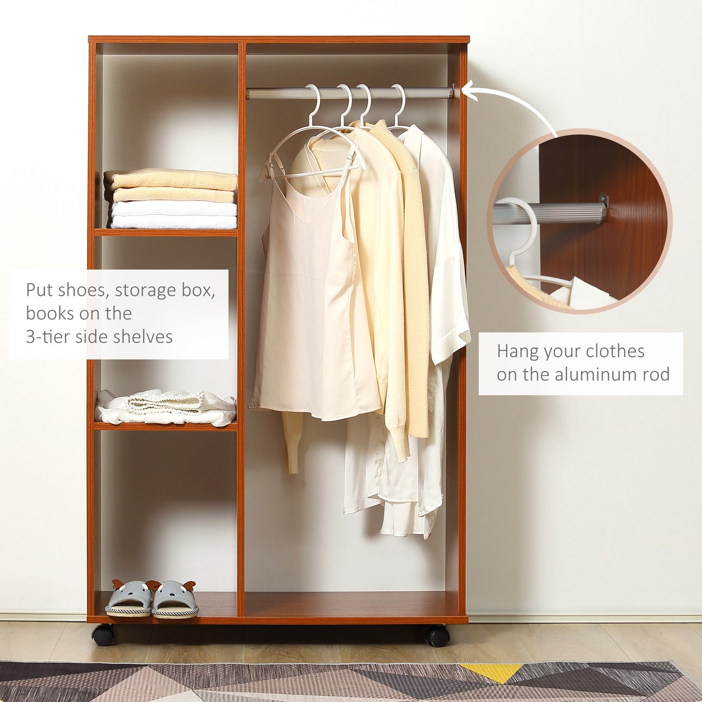 Open Wardrobe On Wheels, Bedroom Wardrobe With Clothes Hanging Rail, 3 Storage Shelves, Mobile Garment Rack For Cloakroom, Hallway, Walnut