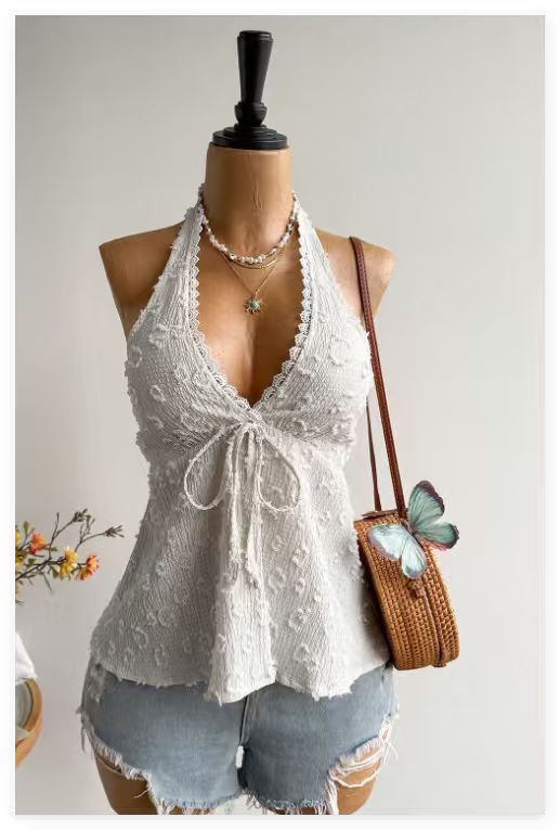 New V-neck Backless Halter Top Vacation Style Sexy Hot Girl Jacquard Summer Top