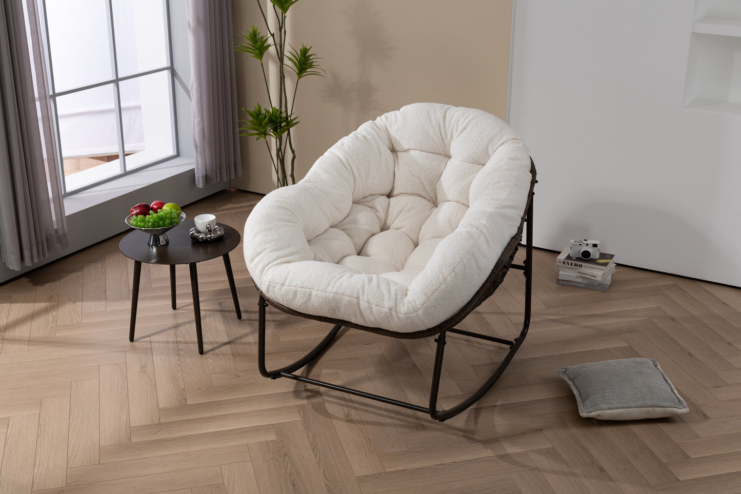 Outdoor Rattan Rocking Chair,Padded Cushion Rocker Recliner Chair Outdoor For Front Porch, Living Room, Patio, Garden, White