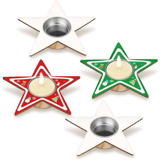 Wooden Tea Light Holders, Star-shaped, Unpainted, For Painting And Crafting, For Advent, Christmas, And Fireplace Decorations, Set Of 4