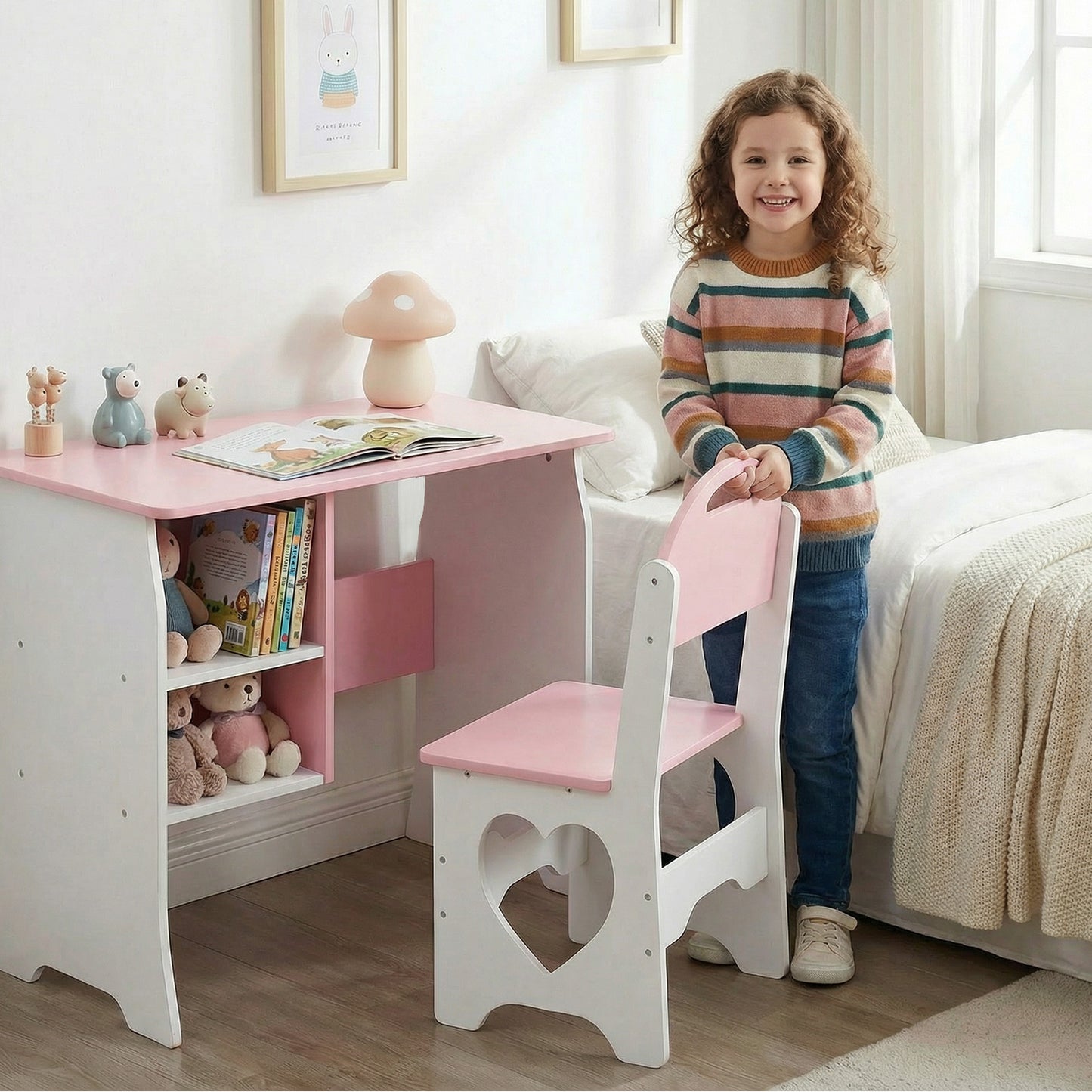 Kids Desk And Chair Set Children Study Desk With Storage Shelf Wooden Study Table And Chair For Home School Use