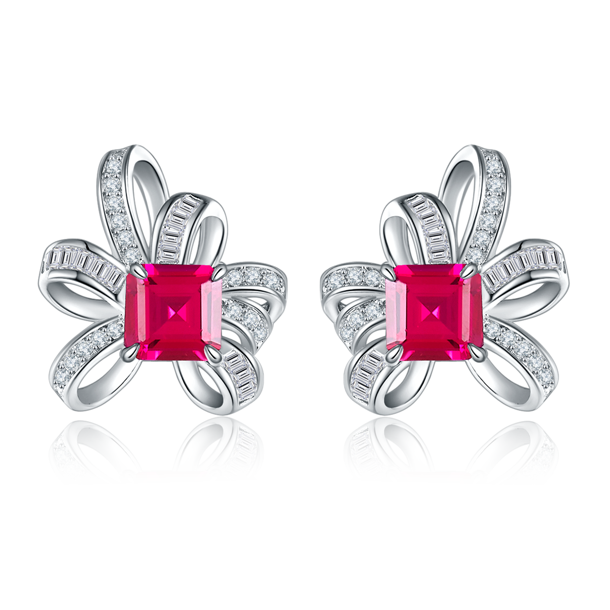 S925 Sterling Silver Bowknot Stud Earrings, 6x6mm Lab-Grown Ruby&Emerald With Mixed Pave Ribbon, Platinum Plated 3.2g Women's Jewelry Gift Box