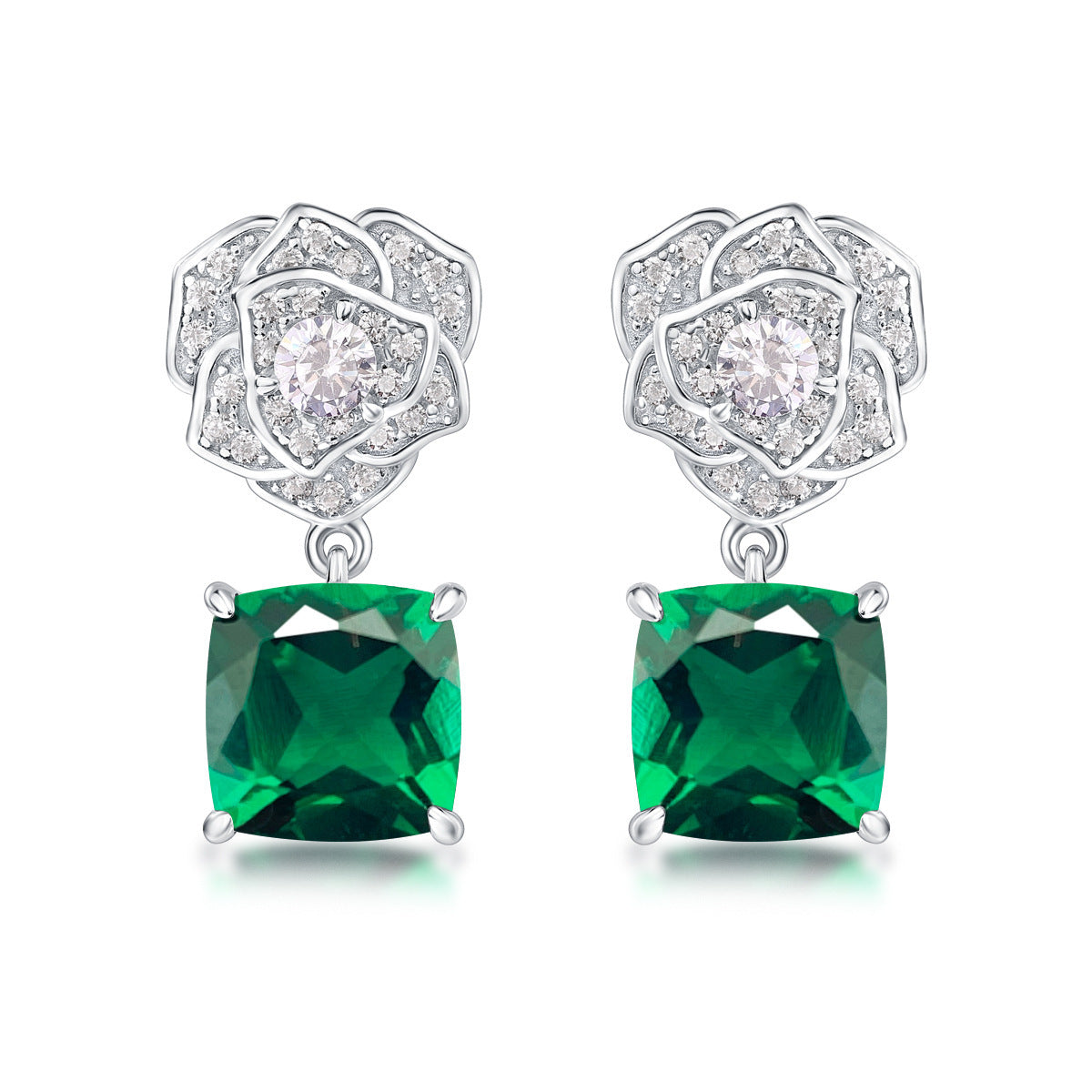 S925 Sterling Silver Rose Drop Earrings, 8mm 6ct Lab-Grown Ruby Sapphire Emerald, Platinum Plated 5g Women's Jewelry Gift Box