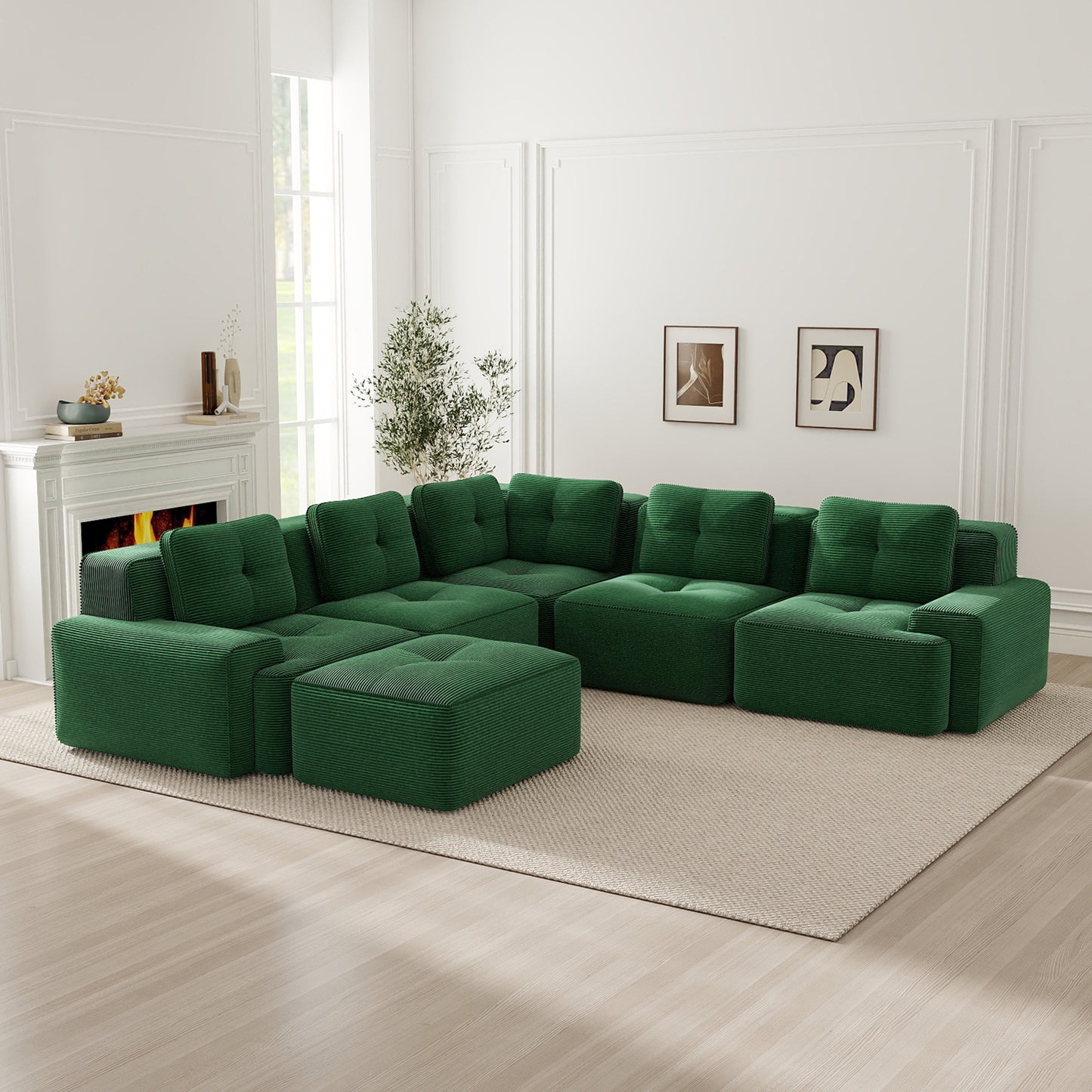 Frameless Sofa For Living Room, Office Sofa, Modular Combination Sofa With Ottoman, Comfortable Upholstered Low Seat Sofa In Corduroy, No Assembly Required, Non-slip Design, Green