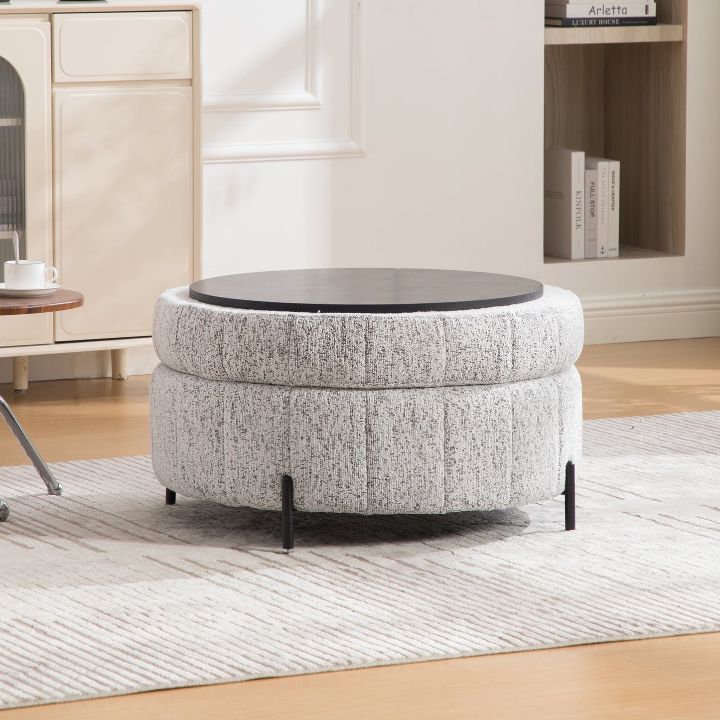 31.3 W Upholstered Round Ottoman With Reversible Lid, Chenille Storage Stool, Channel Tufted Pumpkin-shape Footstool For Living Room, Bedroom And Office, White-Black