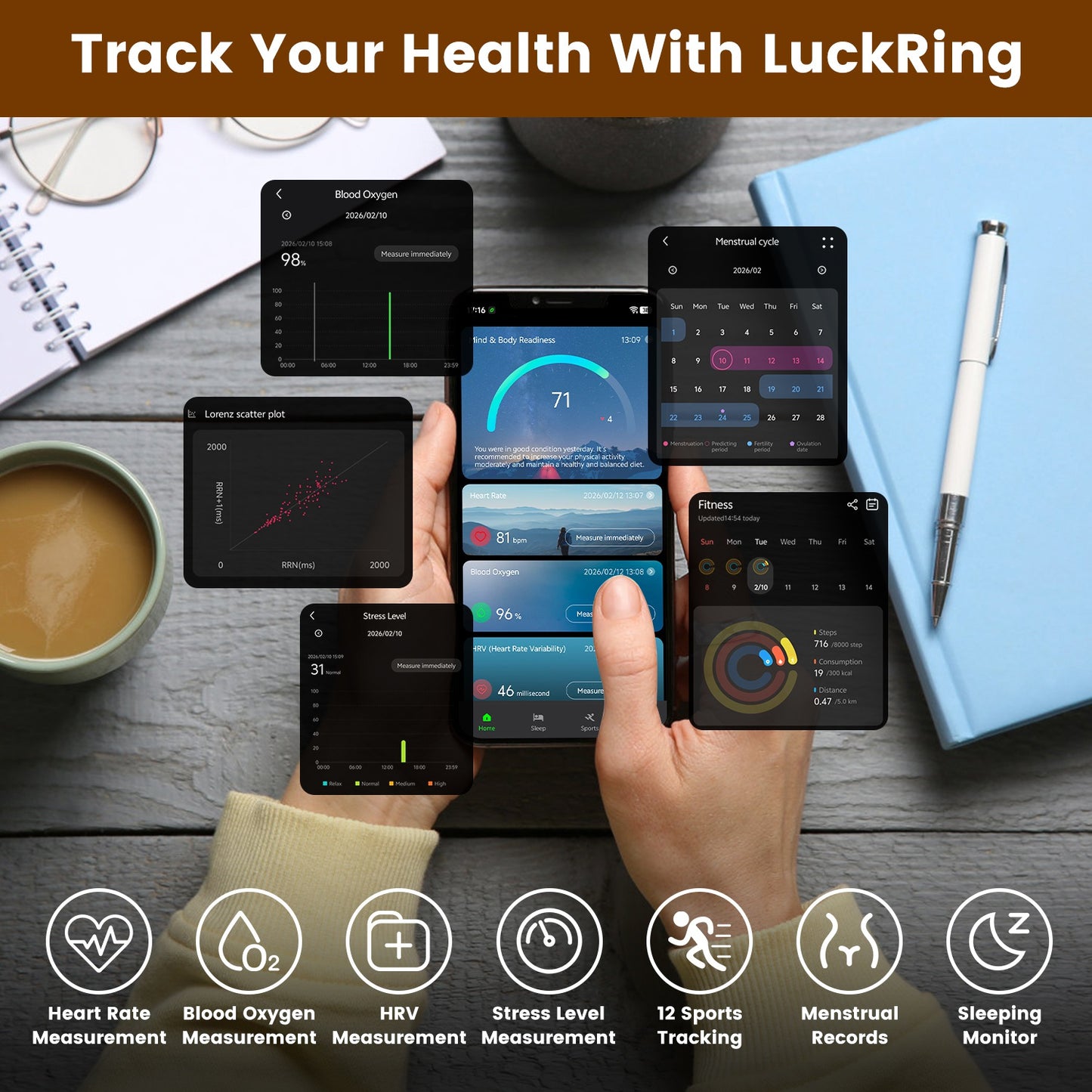 Smart Ring Health Tracker Fitness Sleep Stress HRV Tracker With Charging Case Magnetic Charging Cable For Women & Men Compatible With IOS & Android 7-Day Battery Life Size 7 Size 8 Size9 Size10