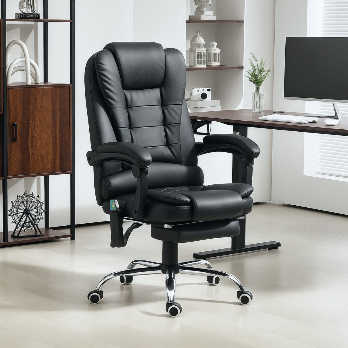 Vinsetto Office Chair With 6 Point Massage And Back Heat, PU Desk Chair With Footrest Adjustable Height And Swivel Wheels, Back Reclining, Black