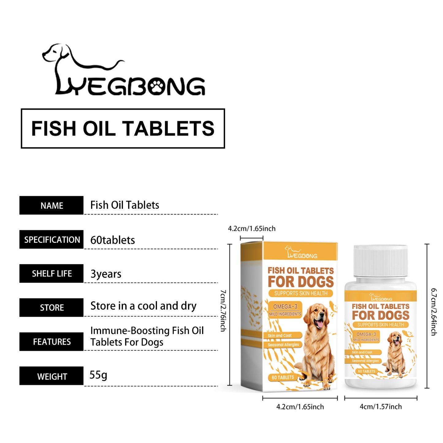 Dog Fish Oil Chewable Tablets,3 Skin & Coat Supplement For Itchy Skin, Seasonal Allergies, Support Bone, Digestion & Reproductive Health, 60 Tablets