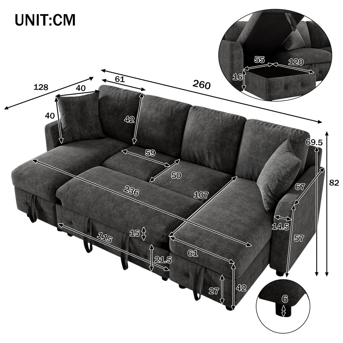Modern Luxury Chenille U-Shaped Sectional Sofa With 2 Storage Chaise Lounges, 2 Square Cushions, Convertible Corner Sleeper Chair Bed, Comfy Couch For Living Room, Gray, 260 X 128 X 82 Cm